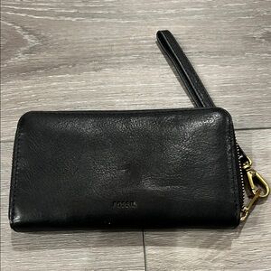 Fossil Black Leather Wristlet with Gold Accents